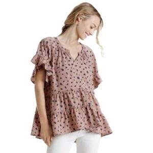 Umgee Mauve Pink Abstract Dot Tiered Babydoll Tunic Top Ruffle Sleeve 1XL WM5155